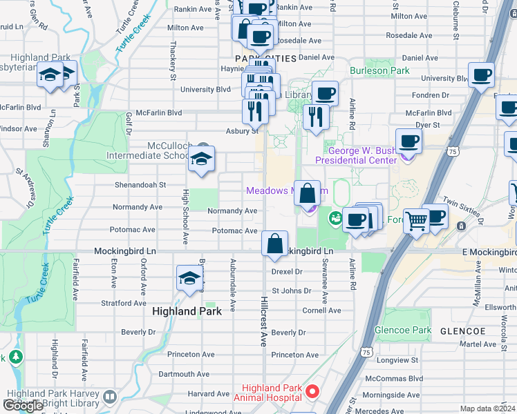 map of restaurants, bars, coffee shops, grocery stores, and more near 5913 Hillcrest Avenue in Dallas