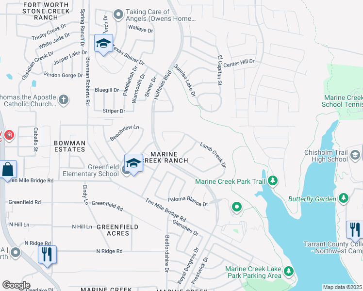 map of restaurants, bars, coffee shops, grocery stores, and more near 6133 Lamb Creek Drive in Fort Worth