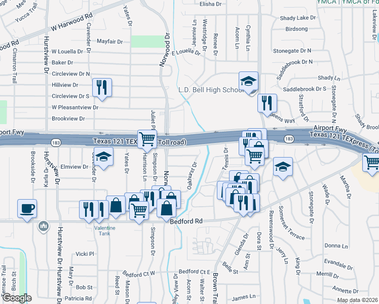 map of restaurants, bars, coffee shops, grocery stores, and more near 196 Oakhurst Court in Hurst