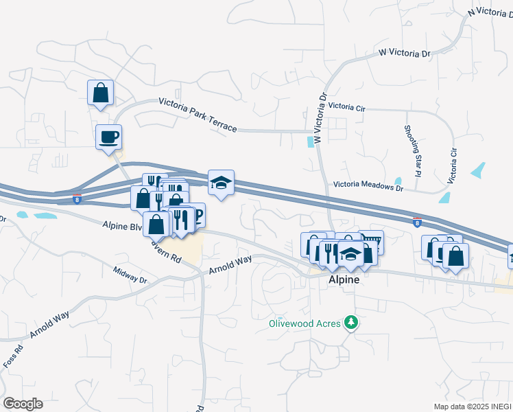 map of restaurants, bars, coffee shops, grocery stores, and more near 2052 Boulders Road in Alpine