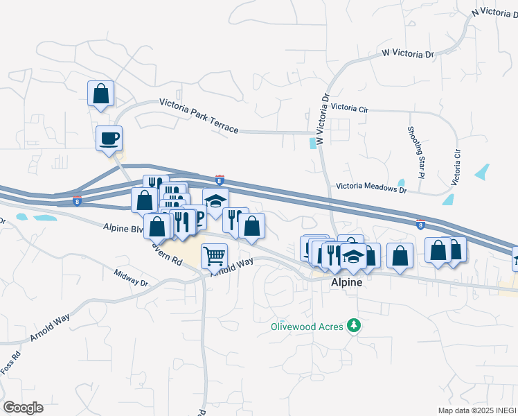 map of restaurants, bars, coffee shops, grocery stores, and more near 2052 Boulders Road in Alpine