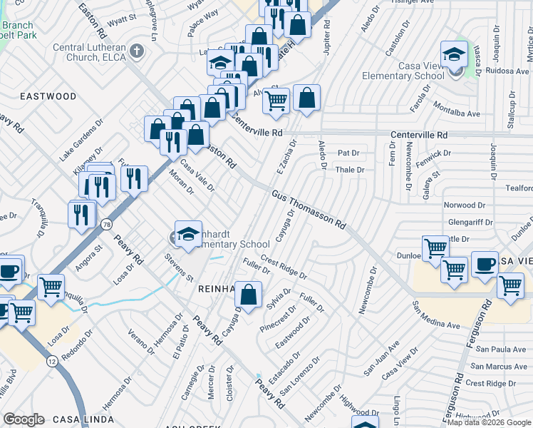 map of restaurants, bars, coffee shops, grocery stores, and more near 10533 Wood Dale Drive in Dallas
