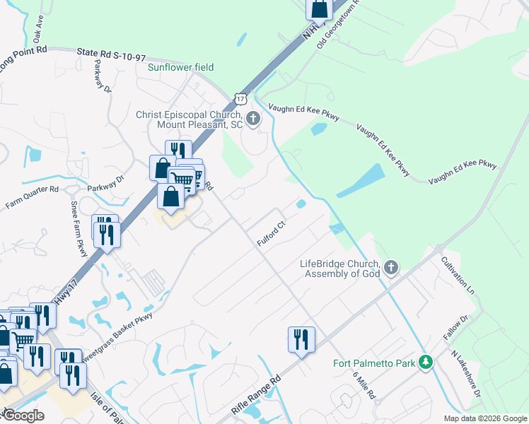 map of restaurants, bars, coffee shops, grocery stores, and more near 2200 Ike Drive in Mount Pleasant