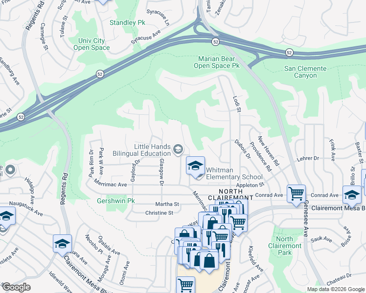 map of restaurants, bars, coffee shops, grocery stores, and more near 5134 Biltmore Street in San Diego