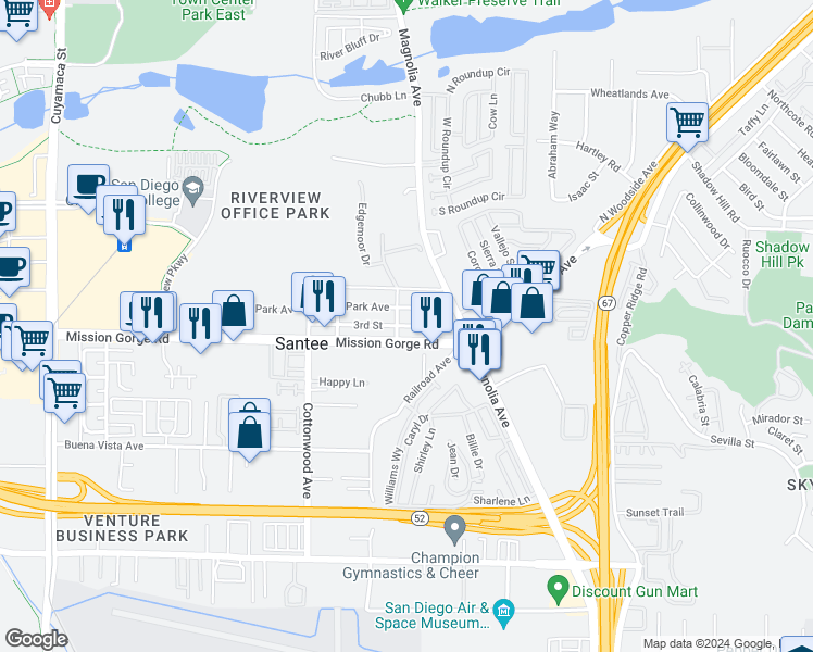 map of restaurants, bars, coffee shops, grocery stores, and more near 18429 3rd Street in Santee