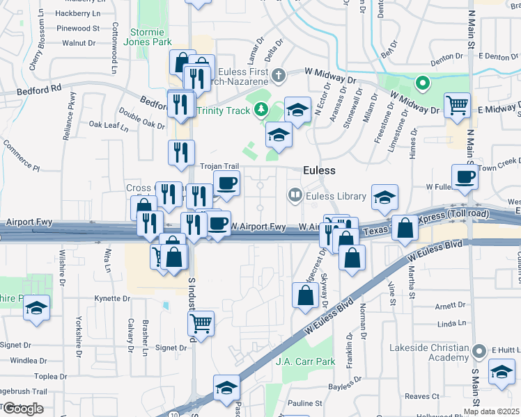 map of restaurants, bars, coffee shops, grocery stores, and more near 100 Manchester Drive in Euless