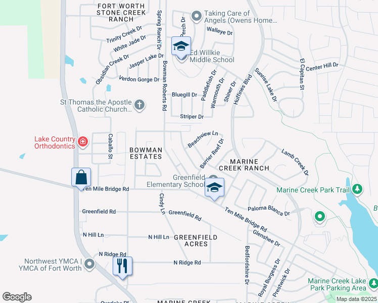 map of restaurants, bars, coffee shops, grocery stores, and more near 5844 Pearl Oyster Lane in Fort Worth