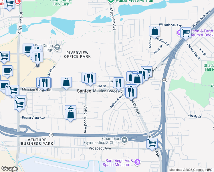 map of restaurants, bars, coffee shops, grocery stores, and more near 10447 Park Avenue in Santee