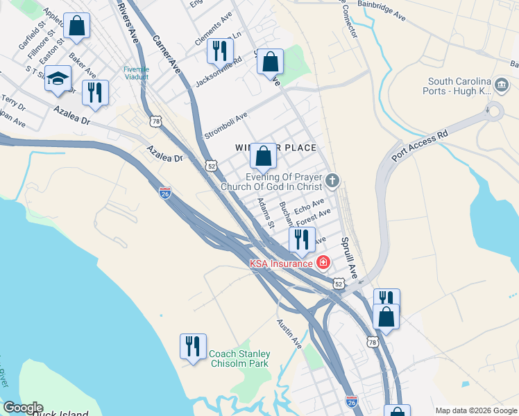 map of restaurants, bars, coffee shops, grocery stores, and more near 2049 Beech Avenue in North Charleston