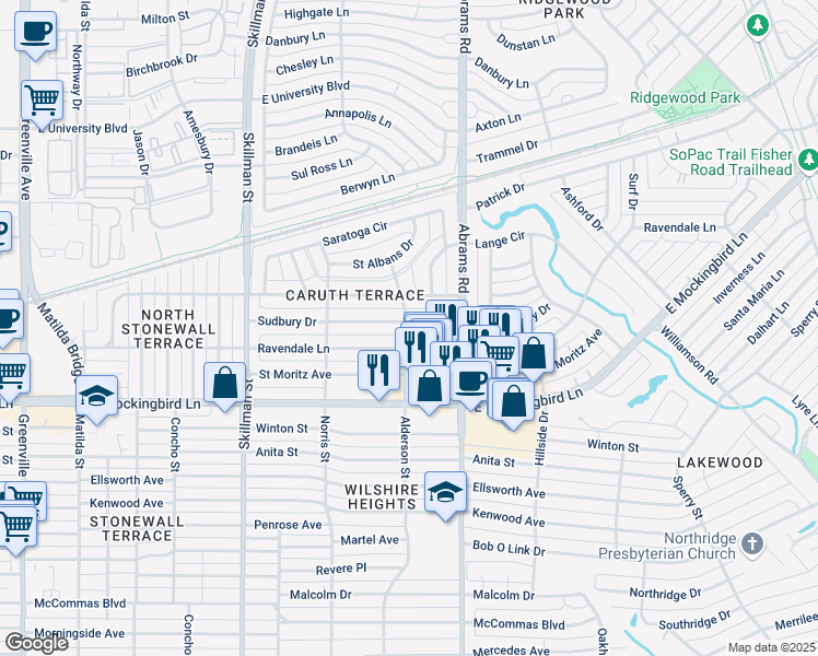 map of restaurants, bars, coffee shops, grocery stores, and more near 6317 Sudbury Drive in Dallas