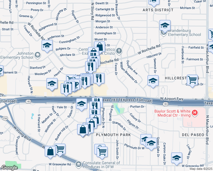 map of restaurants, bars, coffee shops, grocery stores, and more near 2400 North Story Road in Irving