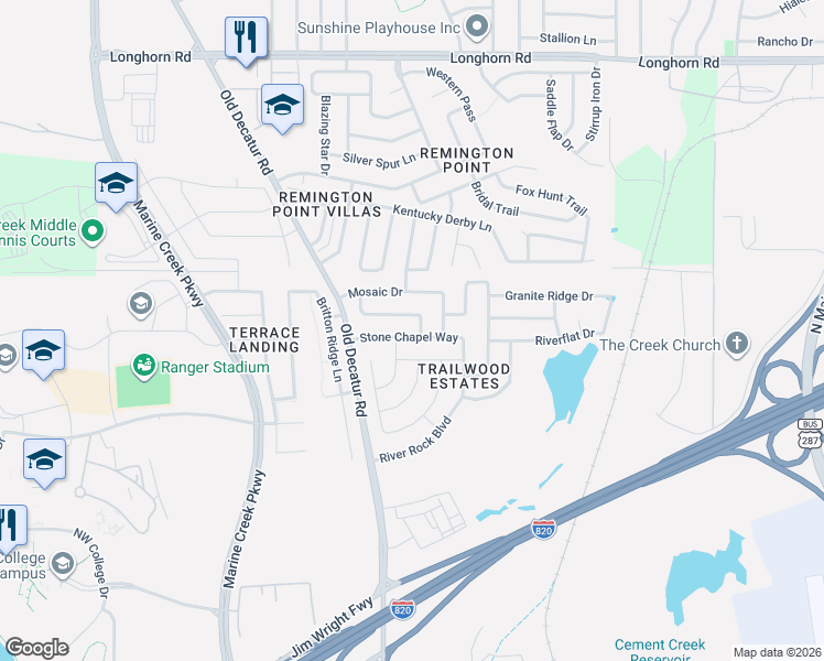 map of restaurants, bars, coffee shops, grocery stores, and more near 5309 Lava Rock Drive in Fort Worth