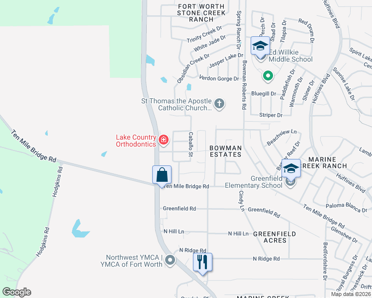 map of restaurants, bars, coffee shops, grocery stores, and more near 6328 Pinionpark Way in Fort Worth