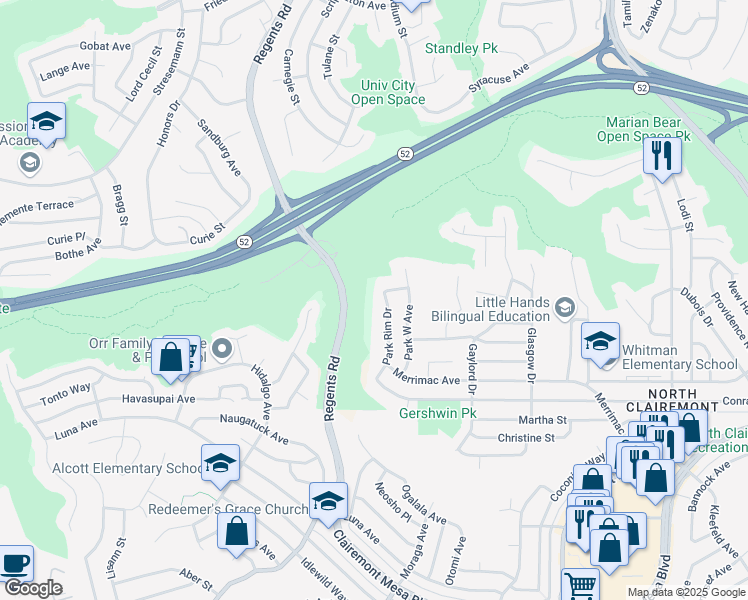 map of restaurants, bars, coffee shops, grocery stores, and more near 5126 Park Rim Drive in San Diego