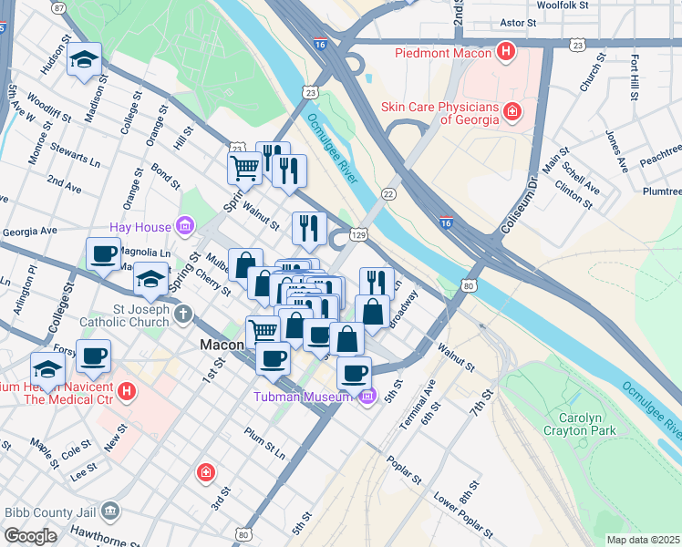 map of restaurants, bars, coffee shops, grocery stores, and more near 577 Walnut Street in Macon
