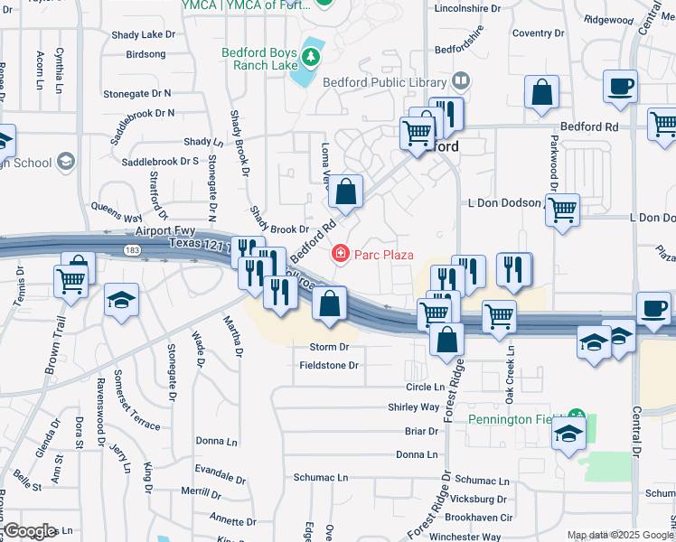 map of restaurants, bars, coffee shops, grocery stores, and more near 1305 Maple Drive in Bedford