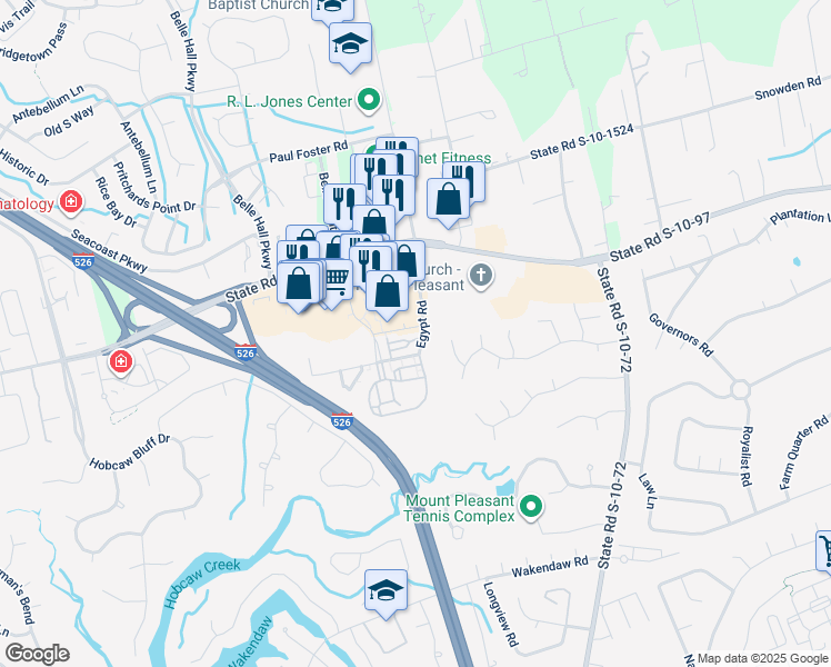 map of restaurants, bars, coffee shops, grocery stores, and more near 664-A Long Point Road in Mount Pleasant