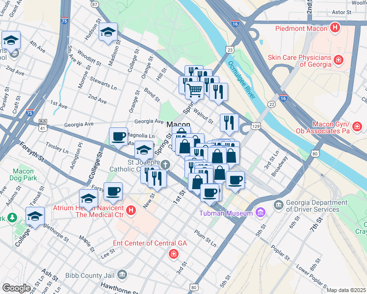 map of restaurants, bars, coffee shops, grocery stores, and more near 365 New Street in Macon
