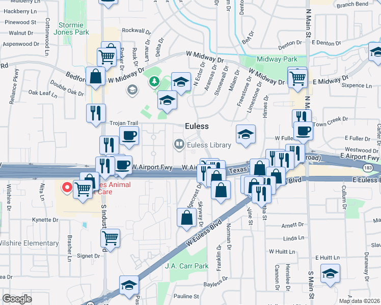 map of restaurants, bars, coffee shops, grocery stores, and more near 201 North Ector Drive in Euless