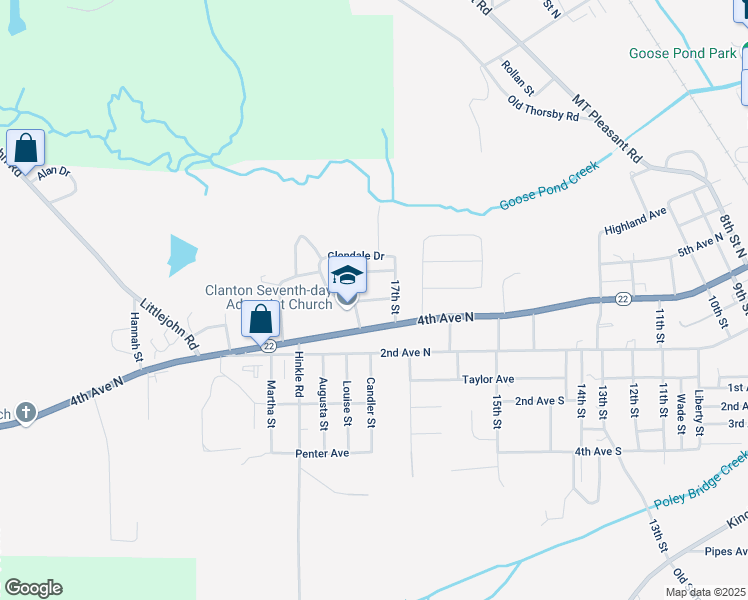 map of restaurants, bars, coffee shops, grocery stores, and more near 1710 Glendale Drive in Clanton