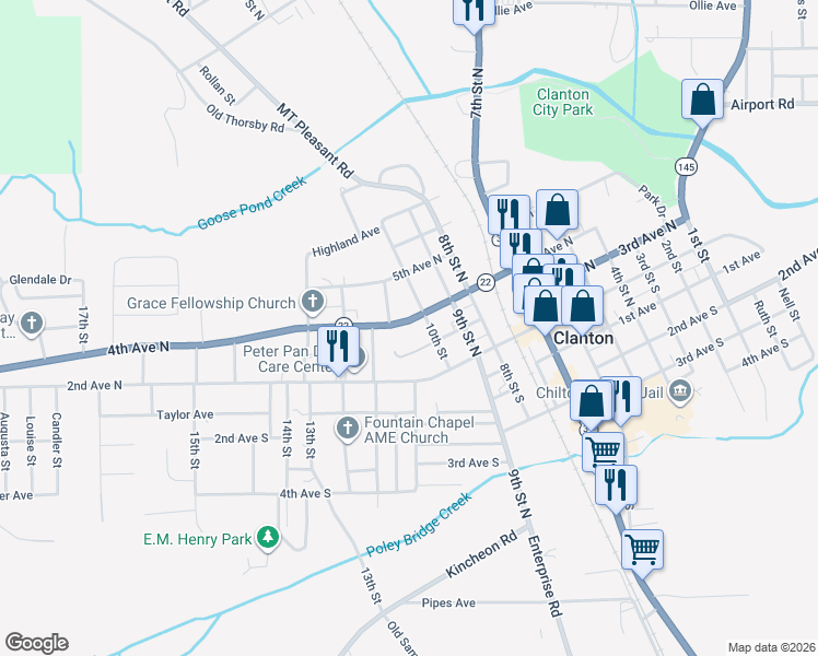 map of restaurants, bars, coffee shops, grocery stores, and more near 401 11th Street in Clanton