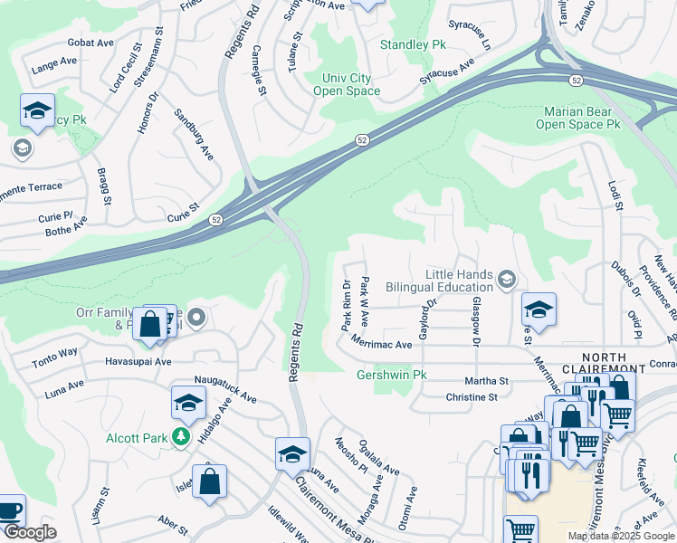 map of restaurants, bars, coffee shops, grocery stores, and more near 5126 Park Rim Drive in San Diego