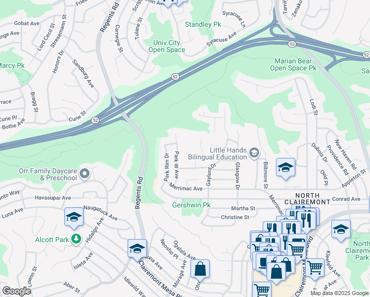 map of restaurants, bars, coffee shops, grocery stores, and more near 5152 Argonne Court in San Diego