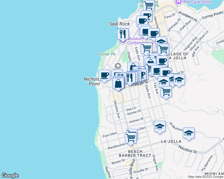 map of restaurants, bars, coffee shops, grocery stores, and more near 410 Pearl Street in San Diego