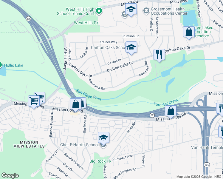 map of restaurants, bars, coffee shops, grocery stores, and more near 9102 Inverness Road in Santee