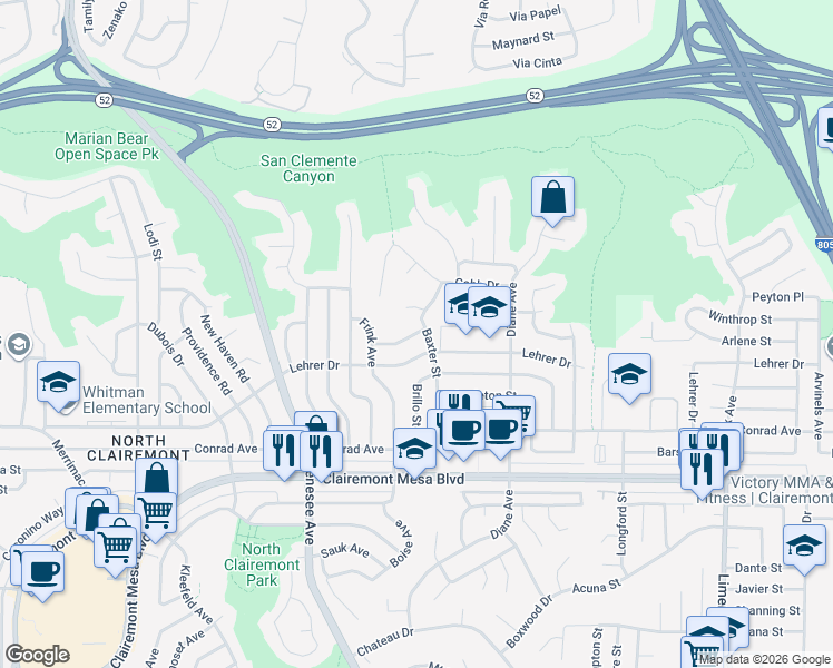 map of restaurants, bars, coffee shops, grocery stores, and more near 4694 Firestone Street in San Diego