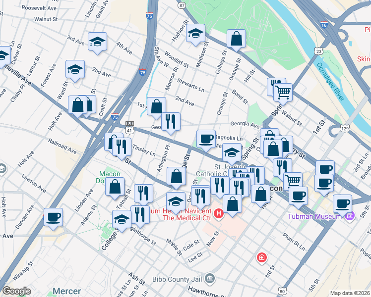map of restaurants, bars, coffee shops, grocery stores, and more near in Macon