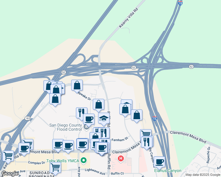 map of restaurants, bars, coffee shops, grocery stores, and more near 9353-9399 Waxie Way in San Diego
