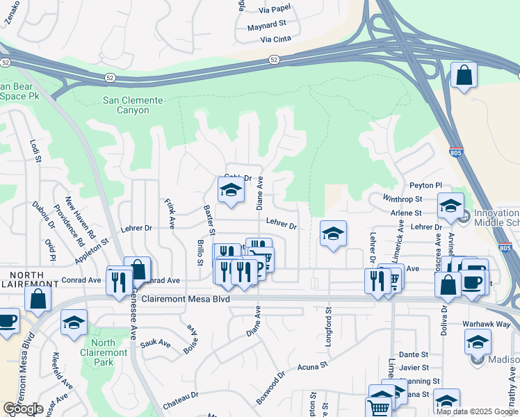 map of restaurants, bars, coffee shops, grocery stores, and more near 5142 Diane Avenue in San Diego