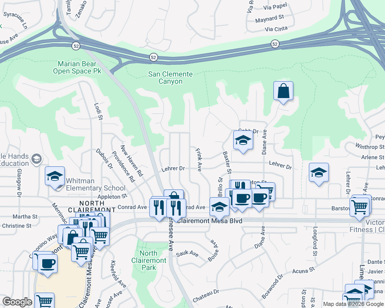 map of restaurants, bars, coffee shops, grocery stores, and more near 5156 Constitution Road in San Diego