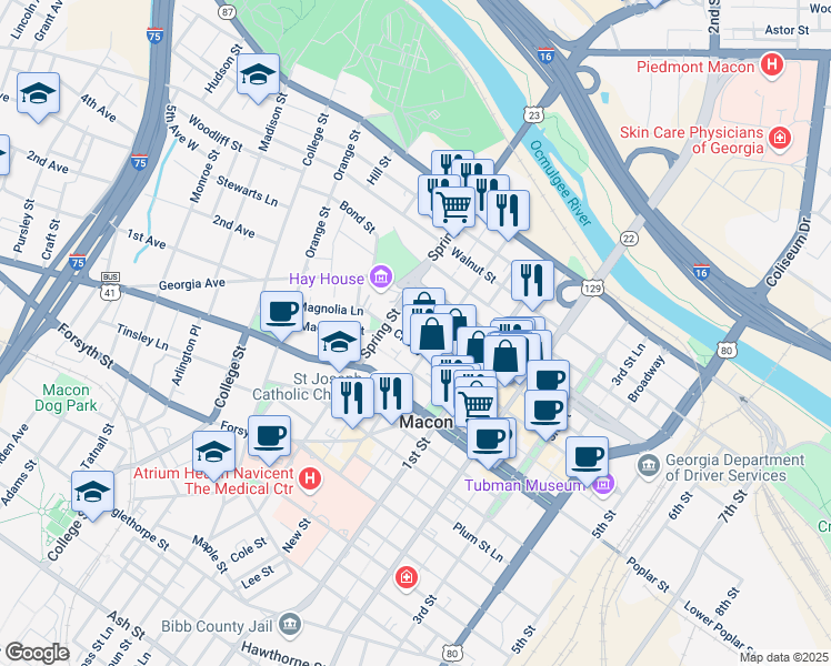 map of restaurants, bars, coffee shops, grocery stores, and more near 853 Spring Street Lane in Macon