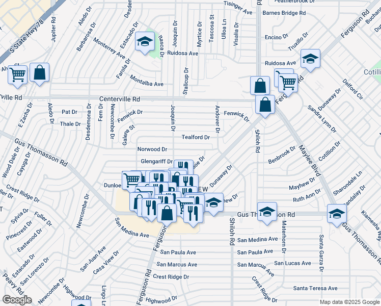 map of restaurants, bars, coffee shops, grocery stores, and more near 2423 Norwood Drive in Dallas