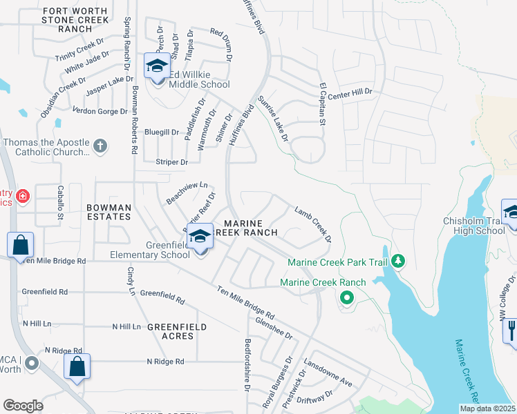 map of restaurants, bars, coffee shops, grocery stores, and more near 6133 Lamb Creek Drive in Fort Worth