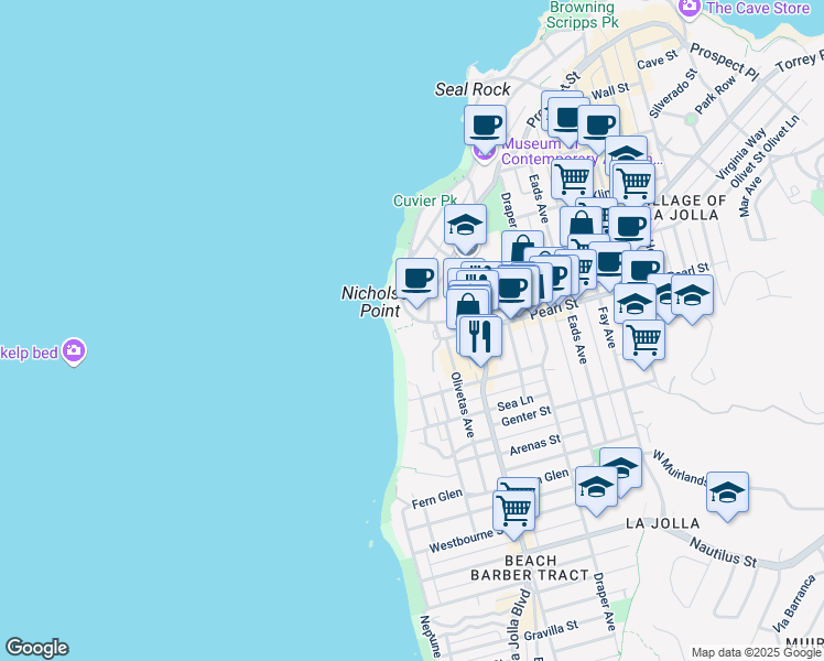 map of restaurants, bars, coffee shops, grocery stores, and more near 100 Coast Boulevard in San Diego