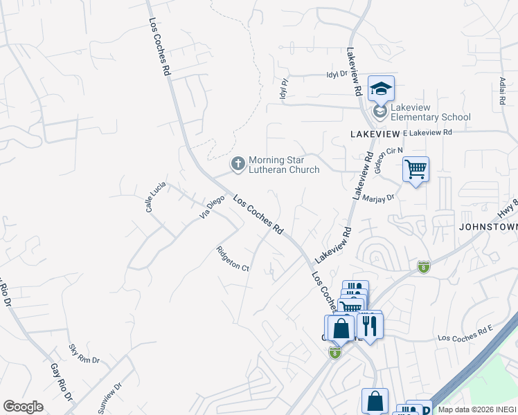 map of restaurants, bars, coffee shops, grocery stores, and more near 9009 Los Coches Road in Lakeside