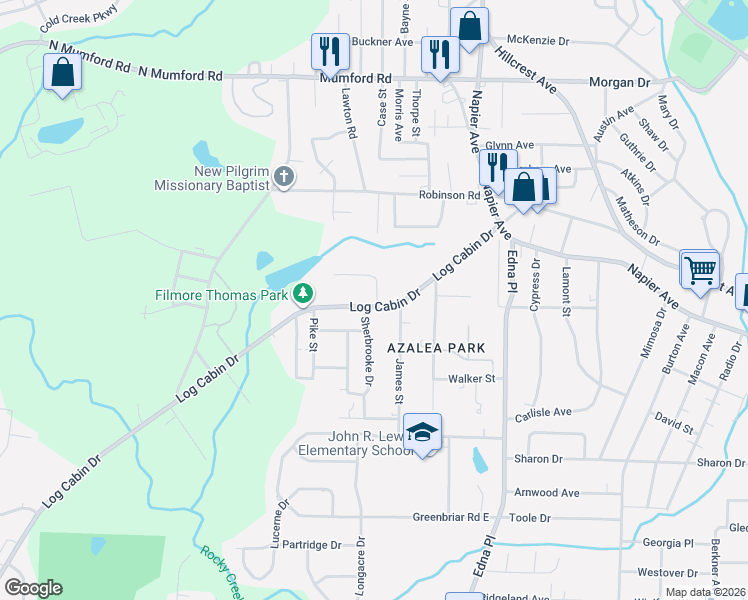 map of restaurants, bars, coffee shops, grocery stores, and more near 3721 Shamrock Avenue in Macon