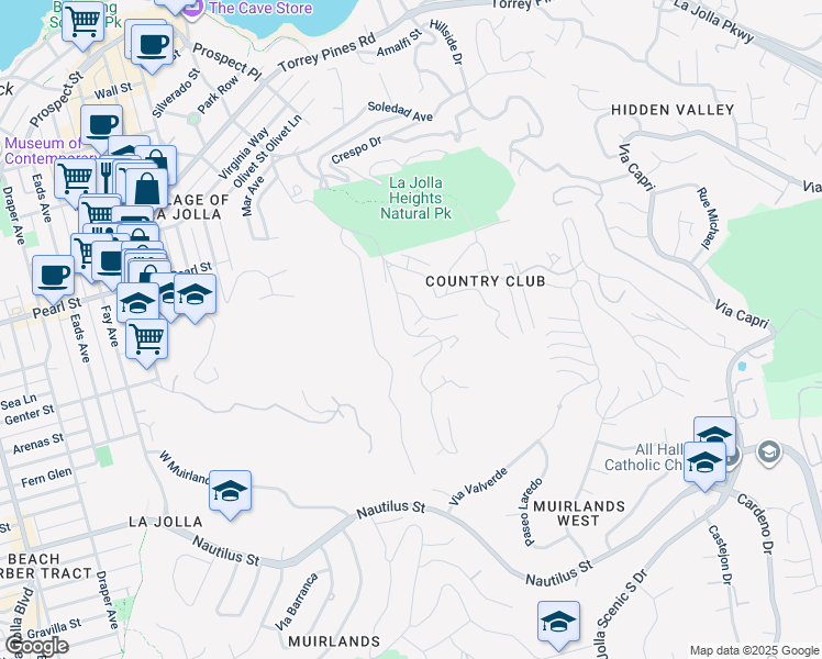 map of restaurants, bars, coffee shops, grocery stores, and more near 7201 Country Club Drive in San Diego