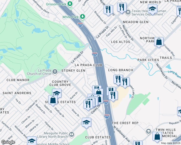 map of restaurants, bars, coffee shops, grocery stores, and more near 1901 Pinehurst Lane in Mesquite