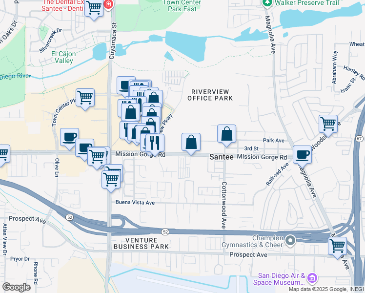 map of restaurants, bars, coffee shops, grocery stores, and more near 10144 Mission Gorge Road in Santee