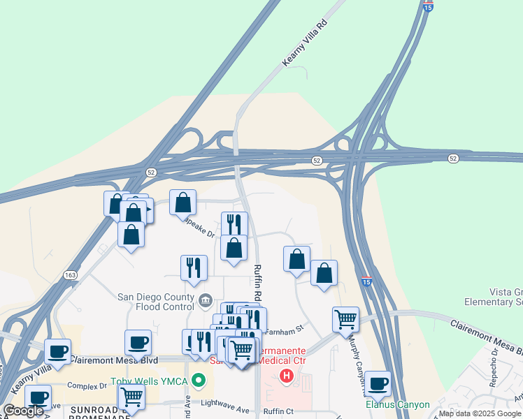 map of restaurants, bars, coffee shops, grocery stores, and more near 5775 Ruffin Road in San Diego