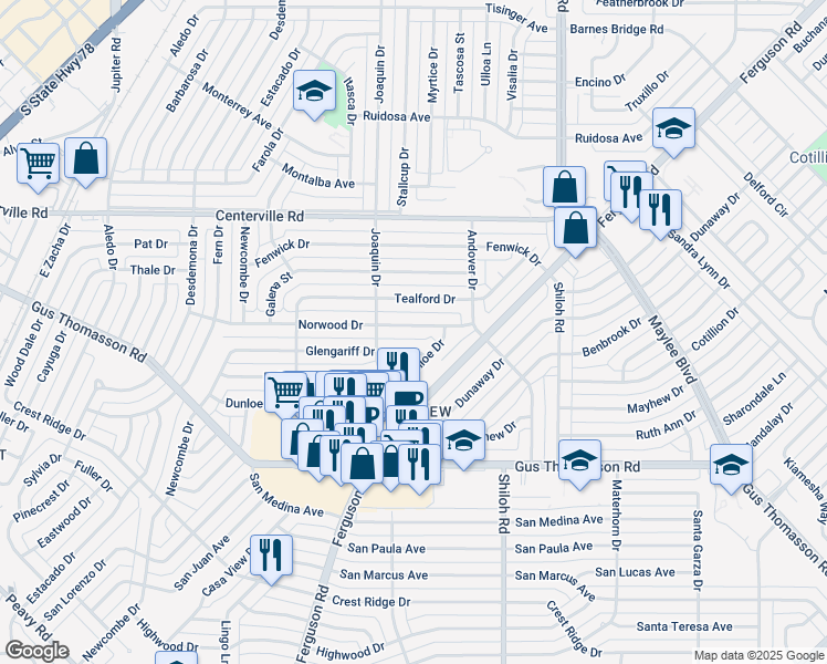 map of restaurants, bars, coffee shops, grocery stores, and more near 2423 Norwood Drive in Dallas
