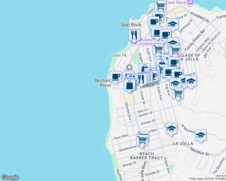 map of restaurants, bars, coffee shops, grocery stores, and more near 100 Coast Boulevard in San Diego