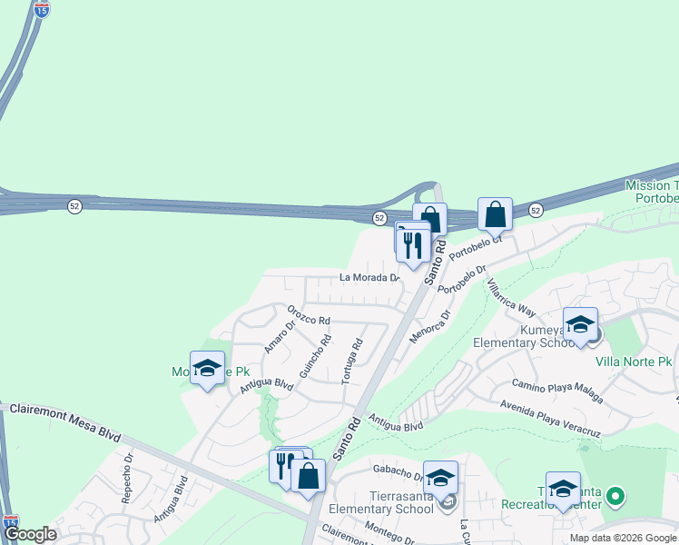 map of restaurants, bars, coffee shops, grocery stores, and more near 10456 La Morada Drive in San Diego