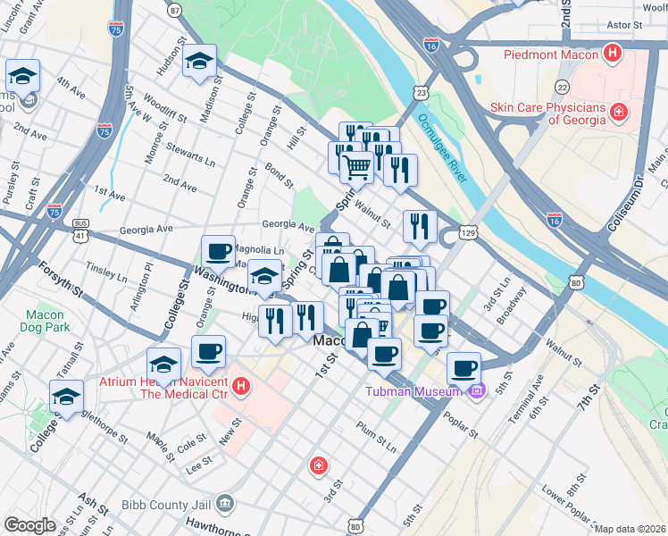 map of restaurants, bars, coffee shops, grocery stores, and more near 853 Spring Street Lane in Macon