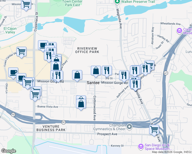 map of restaurants, bars, coffee shops, grocery stores, and more near 8925 Cottonwood Avenue in Santee