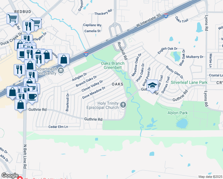 map of restaurants, bars, coffee shops, grocery stores, and more near 2910 Dove Meadow Drive in Garland